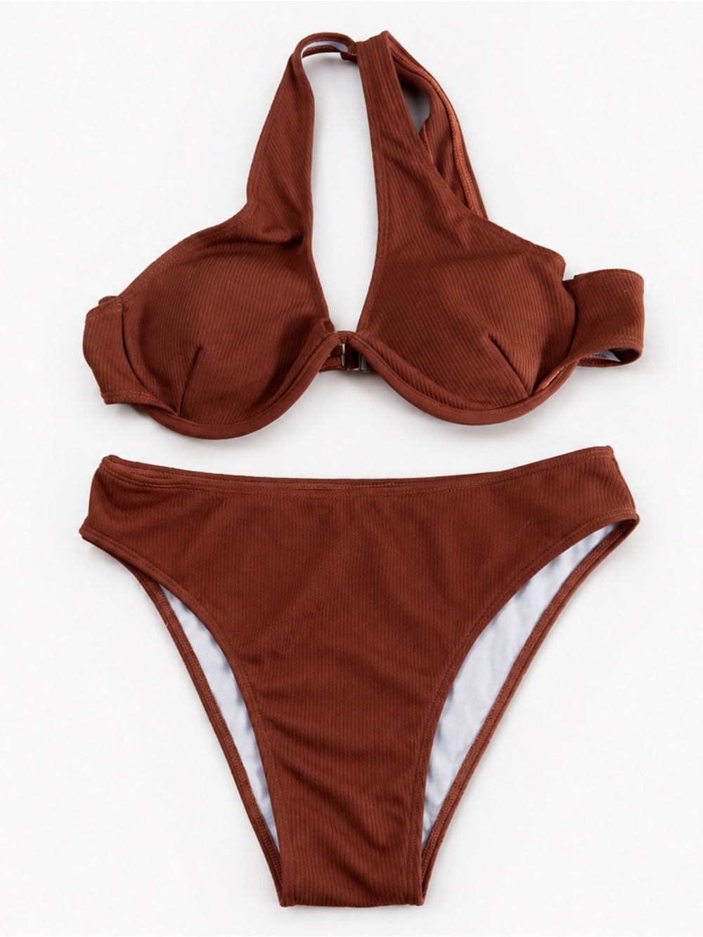 Brown Ribbed Underwire Halter Bikini Set - Unbranded